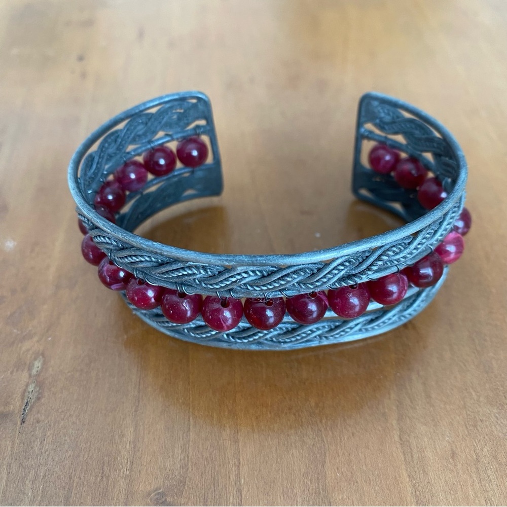 Silver Colored and Red Beaded Adjustable intricate Cuff Bracelet